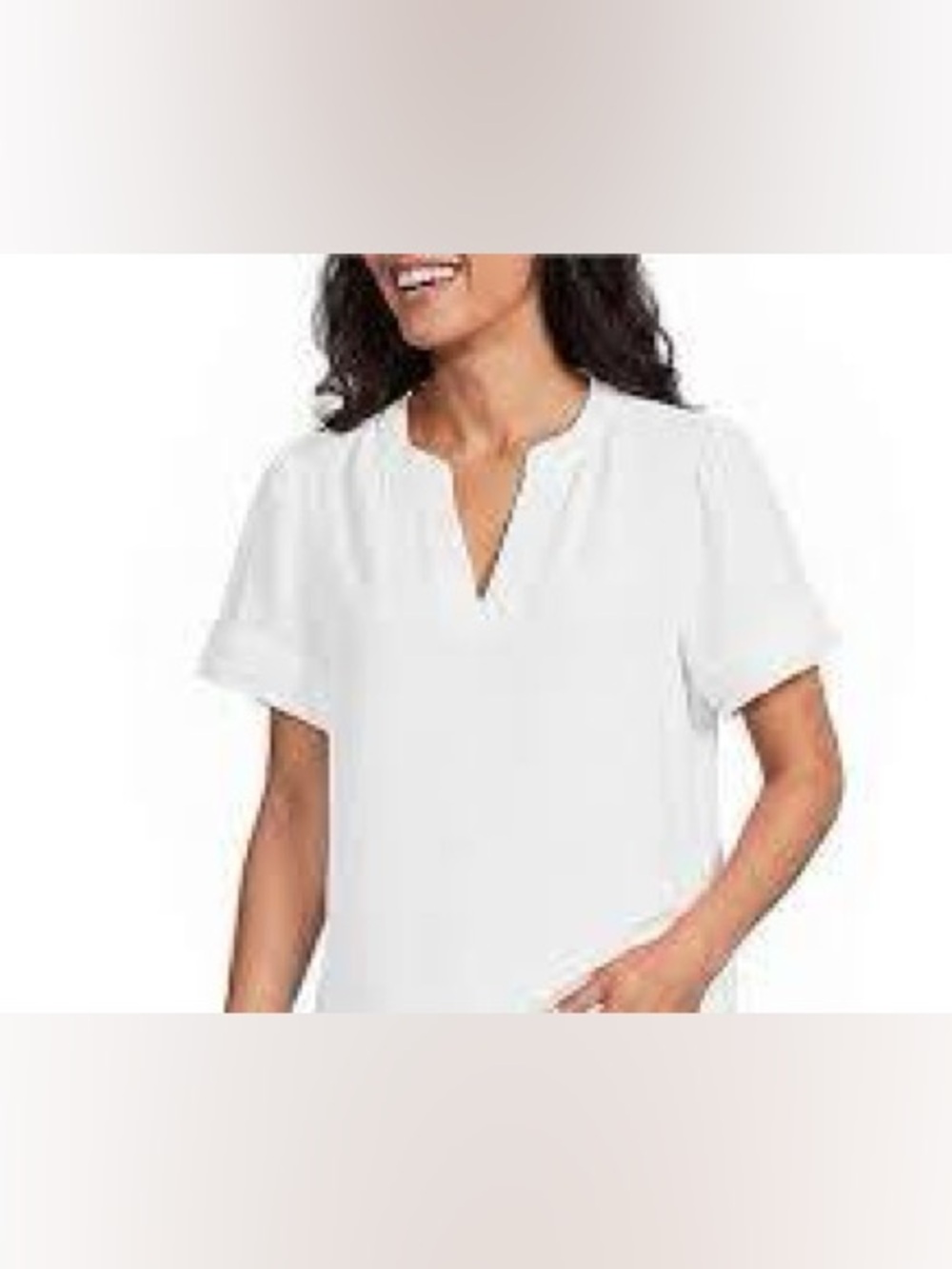 Jones New York Women Woven Mandarin Collar Short Sleeve Top